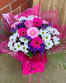 Pink gerberas with white chrysanthemums. mothers day bouquets. Spring bouquets. fresh flowers delivered