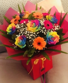 Rainbow rose & Gerbera Hand tied