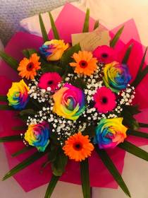 Rainbow rose & Gerbera Hand tied